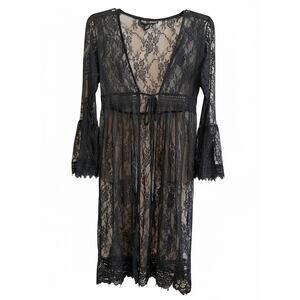 Women’s Floral Lace Duster Swim Coverup Gothic Robe with Bell Sleeves Y2K M